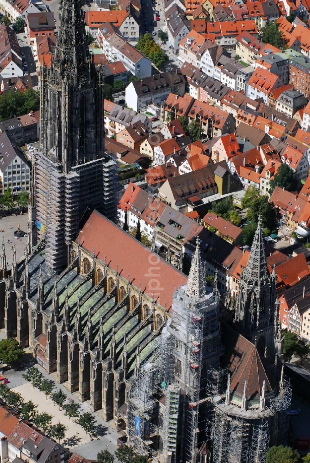 Ulm from above - Church building of the cathedral of Ulmer Muenster on Muensterplatz in Ulm in the state Baden-Wuerttemberg