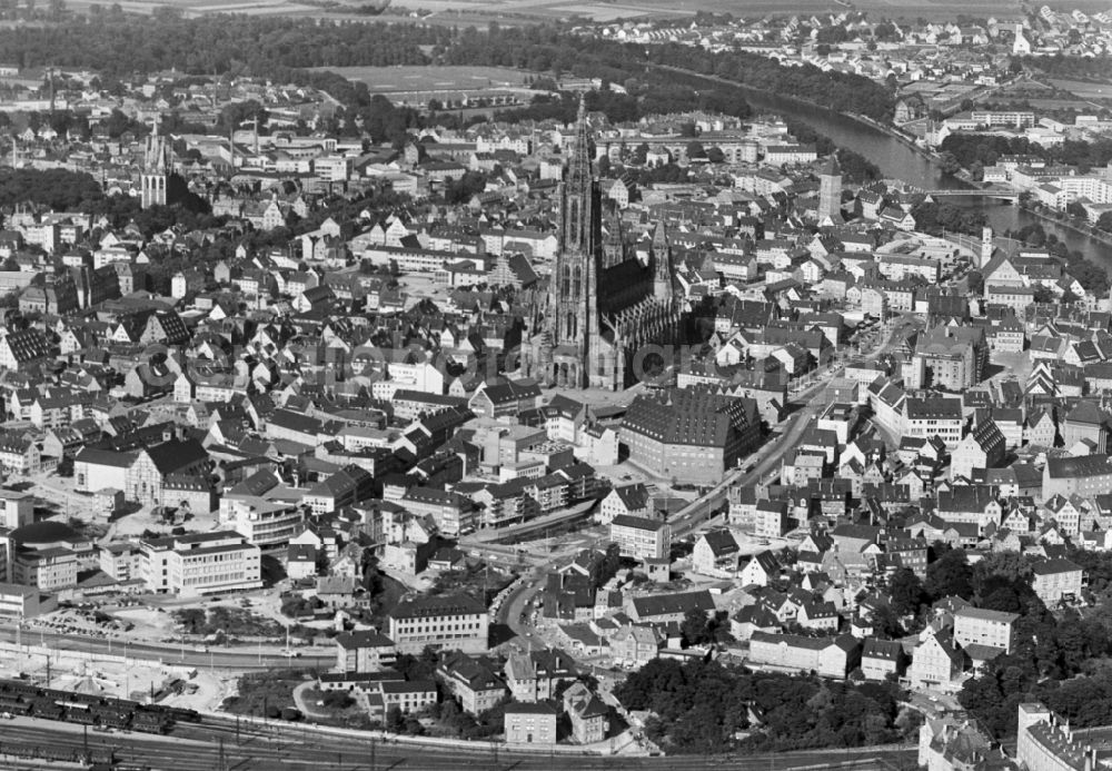 Ulm from above - Church building of the cathedral of Ulmer Muenster in Ulm in the state Baden-Wurttemberg, Germany