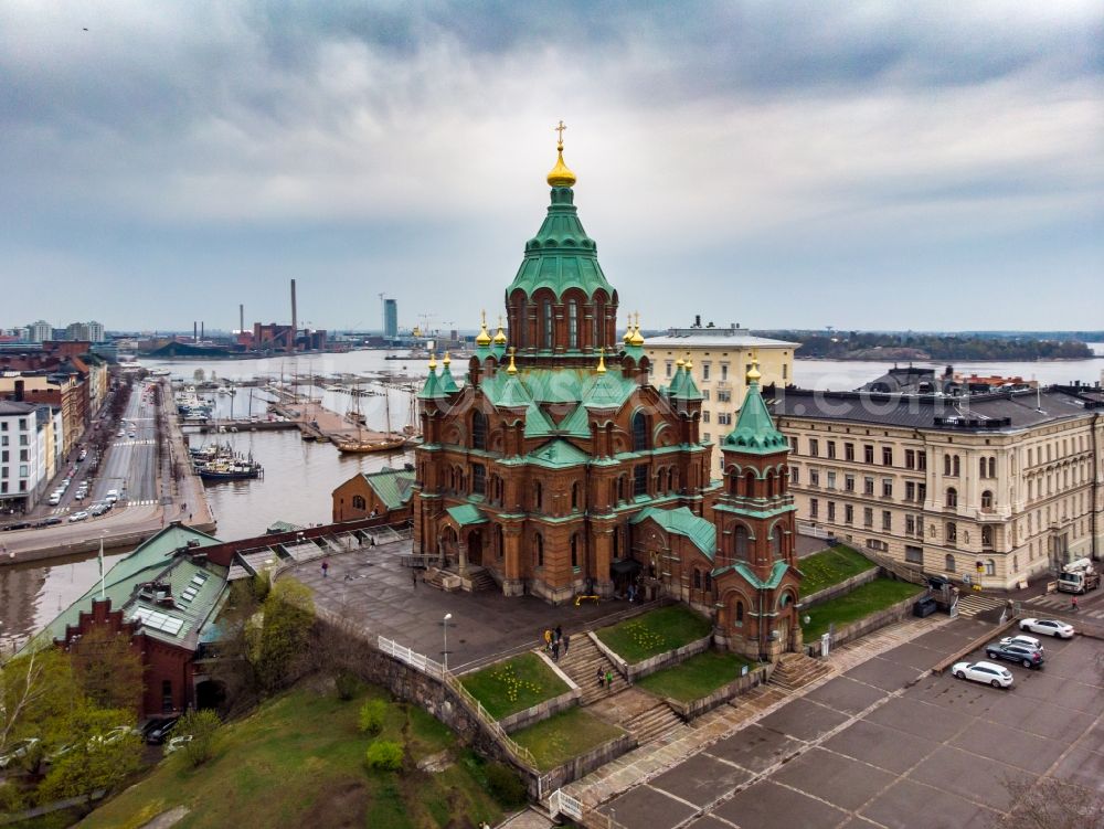 Aerial image Helsinki - Church building of the cathedral of Uspenski in Helsinki in Uusimaa, Finland