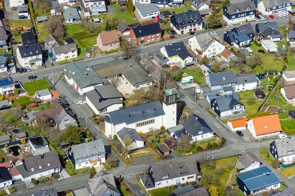 Aerial image Wilnsdorf - Church building between Hauptstrasse - Sankt-Josef-Weg in Wilnsdorf on Siegerland in the state North Rhine-Westphalia, Germany