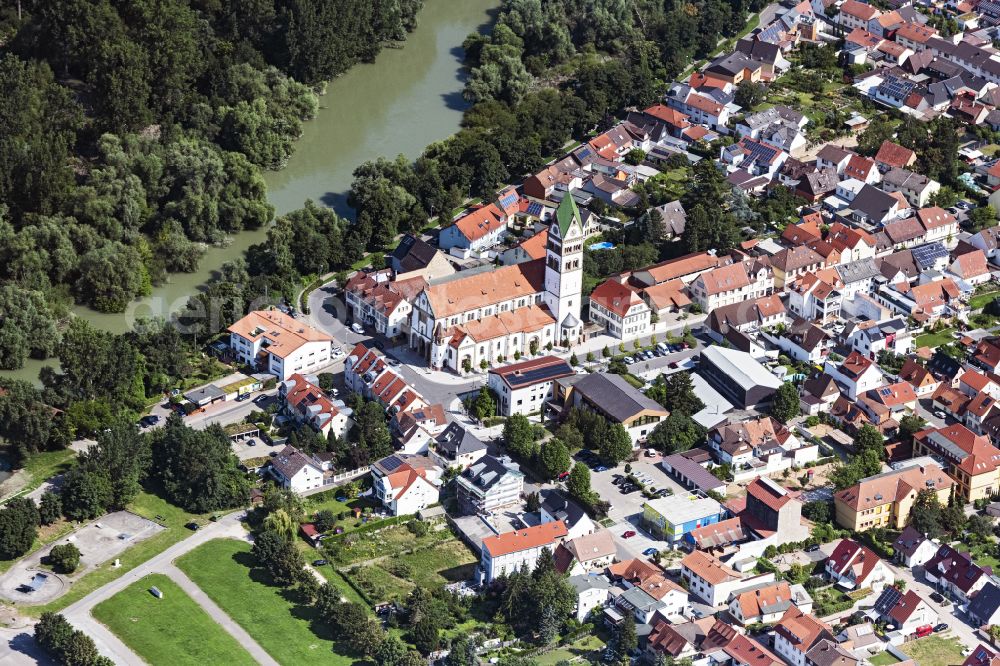 Ketsch from above - Catholic Church building in the village of in Ketsch in the state Baden-Wuerttemberg, Germany