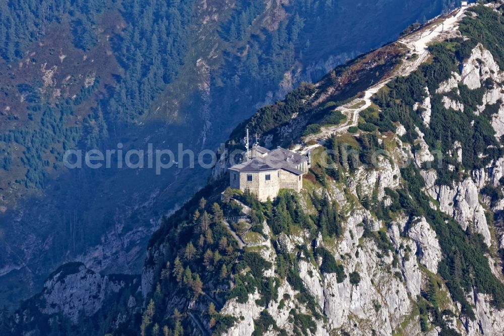 Aerial photograph Berchtesgaden - The Kehlsteinhaus on the Obersalzberg in Berchtesgaden in the state of Bavaria lies above Berchtesgaden, just below the Kehlsteingipfels. It was built by the NSDAP as a representative building and had the nickname Eagle's Nest / Adlerhorst in the Nazi era. Today it is a mountain inn and a popular excursion destination with a panoramic view over the Berchtesgaden Alps