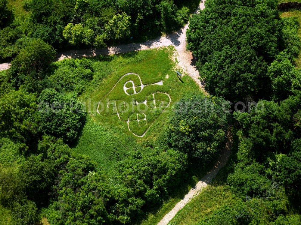 Aerial image Steinbach am Donnersberg - The Celtic Garden in Steinbach is a land of sheep and garden, home to the local plant and animal species. It extends over a 6.5 hectare area. On the site gives an insight into the lifestyle of the Celts over 3,000 years ago. Foto. Gerhard Launer