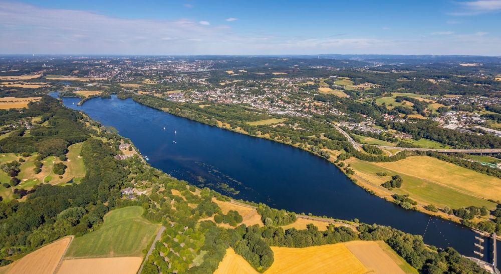 Witten from above - Ruhr reservoir Kembader See with riparian areas in Witten near Bochum in the state North Rhine-Westphalia, Germany