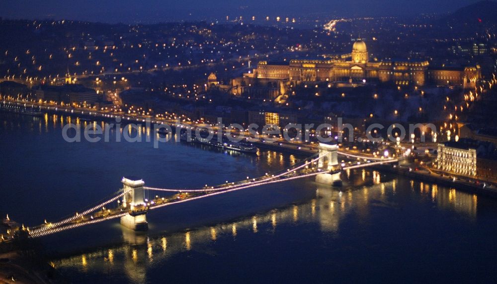 Budapest from the bird's eye view: River - Bridge structure of the chain bridge Szechenyi Lanchid over the course of the Danube in Budapest in Hungary