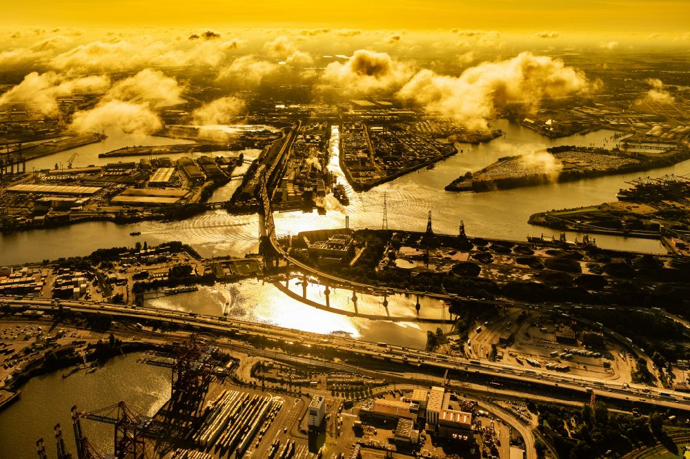 Aerial image Hamburg - Koehlbrand bridge over the Rugenberg harbour at sunset in Hamburg-Mitte / Waltershof. A project of the Hamburg Port Authority HPA