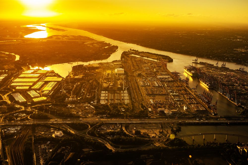 Aerial image Hamburg - Koehlbrand bridge over the Rugenberg harbour at sunset in Hamburg-Mitte / Waltershof. A project of the Hamburg Port Authority HPA
