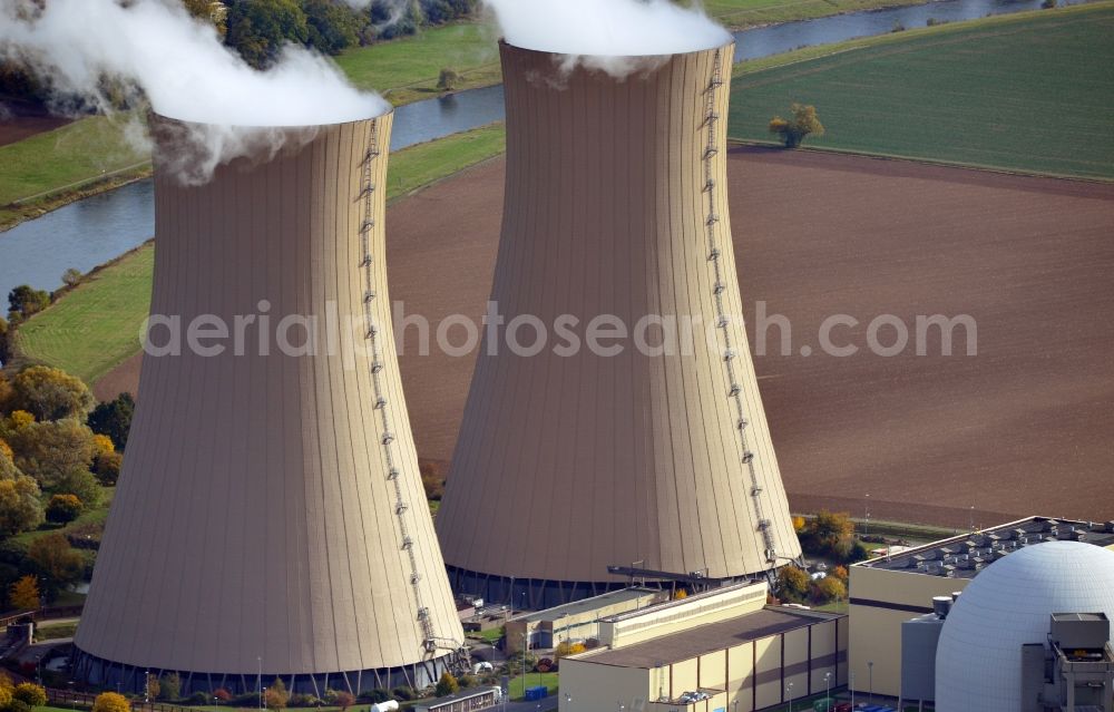 Grohnde from the bird's eye view: View onto the cooling tower of the Nuclear Power Plant in Grohnde in the state Lower Saxony. It is located north of Grohnde at the river Weser