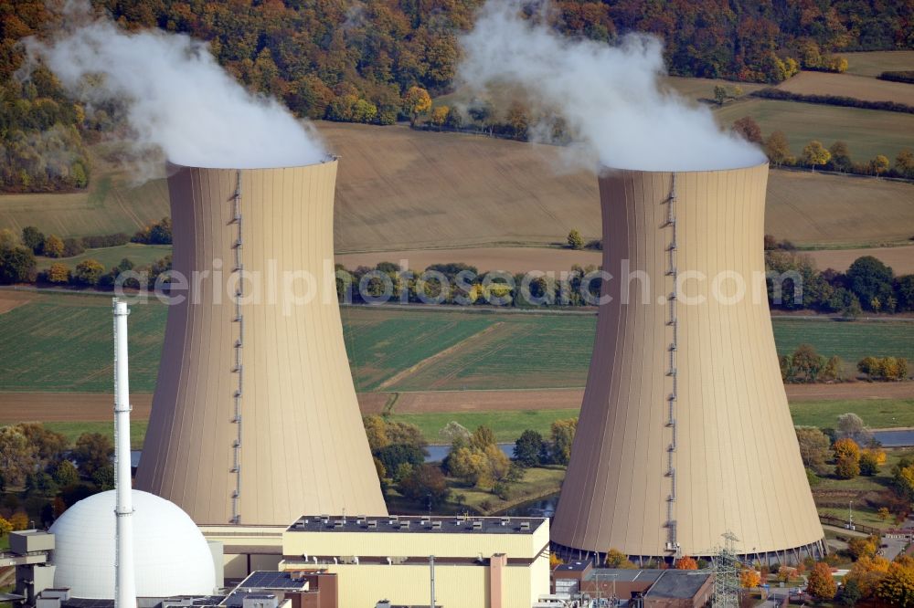 Grohnde from the bird's eye view: View onto the cooling tower of the Nuclear Power Plant in Grohnde in the state Lower Saxony. It is located north of Grohnde at the river Weser