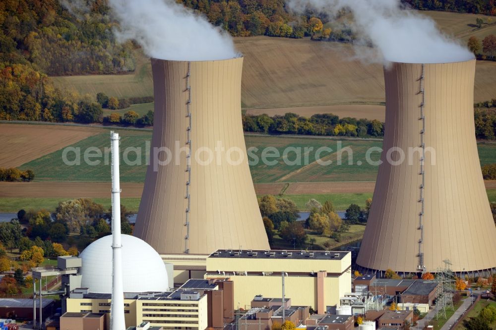 Aerial image Grohnde - View onto the cooling tower of the Nuclear Power Plant in Grohnde in the state Lower Saxony. It is located north of Grohnde at the river Weser