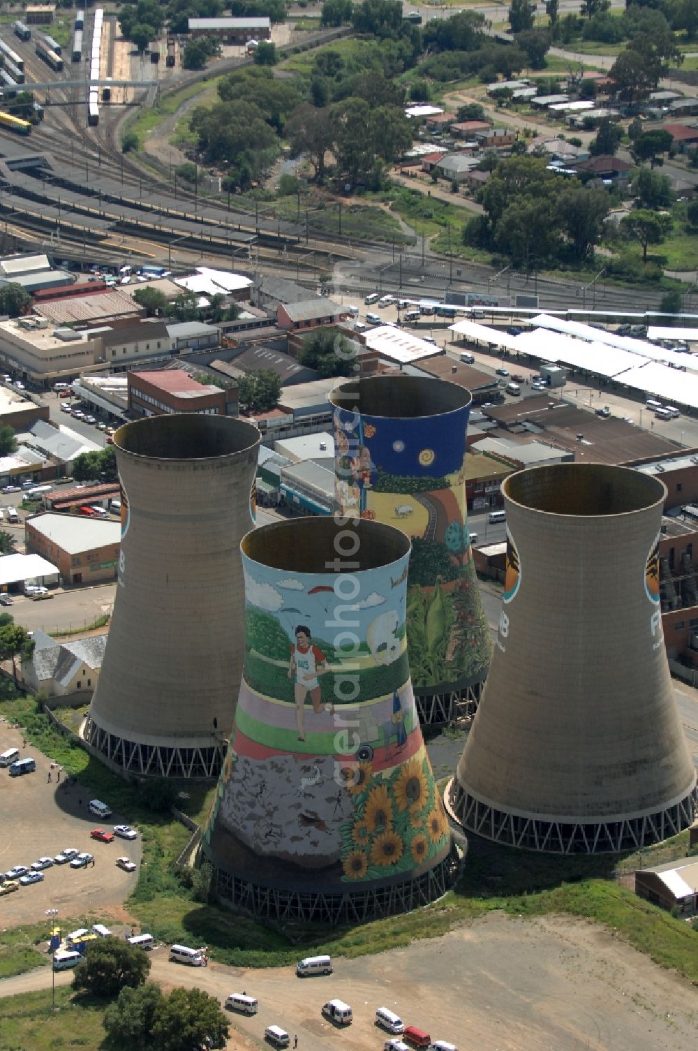 Bloemfontein from the bird's eye view: Cooling towers of the power plants and exhaust towers of the thermal power station on Rhodes Ave in Bloemfontein in Free State, South Africa