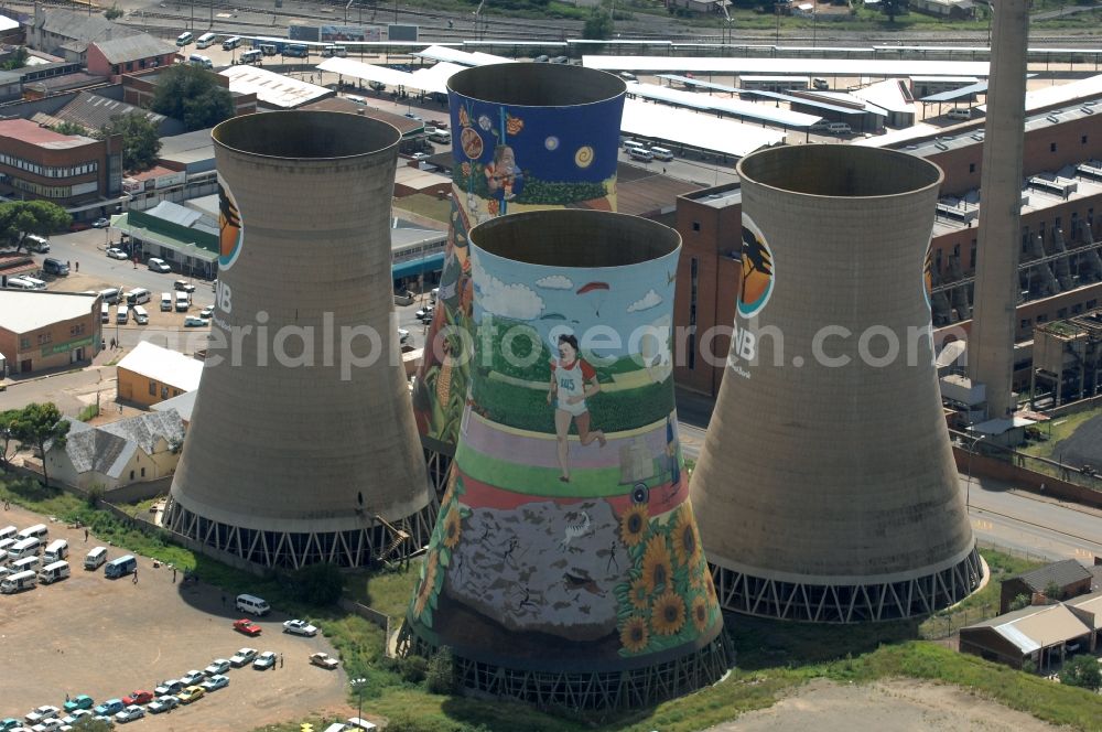Bloemfontein from above - Cooling towers of the power plants and exhaust towers of the thermal power station on Rhodes Ave in Bloemfontein in Free State, South Africa