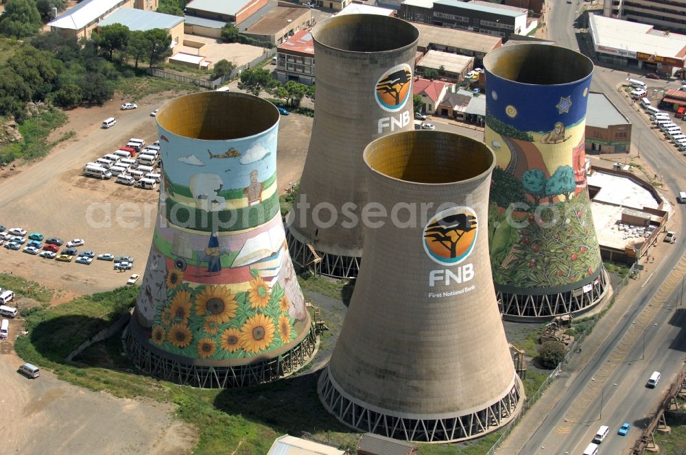 Bloemfontein from the bird's eye view: Cooling towers of the power plants and exhaust towers of the thermal power station on Rhodes Ave in Bloemfontein in Free State, South Africa