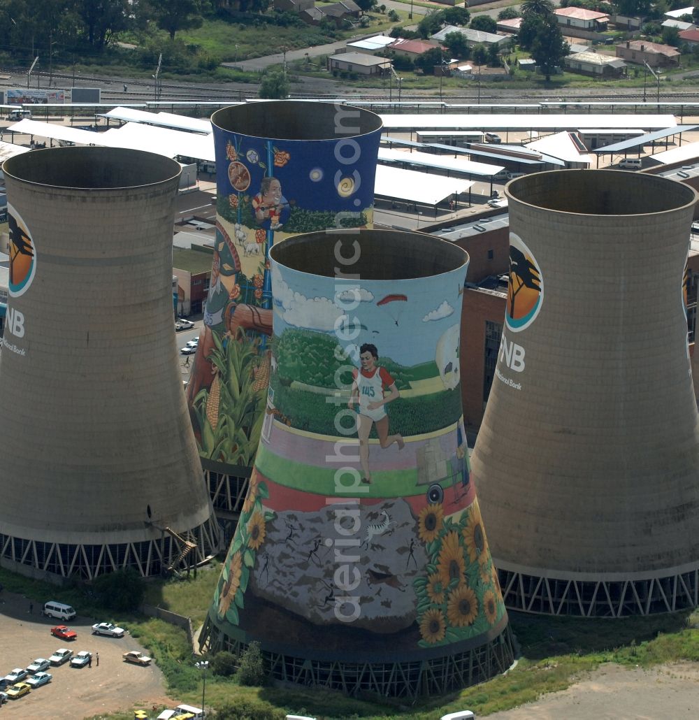 Bloemfontein from above - Cooling towers of the power plants and exhaust towers of the thermal power station on Rhodes Ave in Bloemfontein in Free State, South Africa