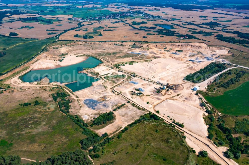 Ziethen from above - Site and tailings area of the gravel mining Kiesgrube Althuettendorf in Ziethen in the state Brandenburg, Germany