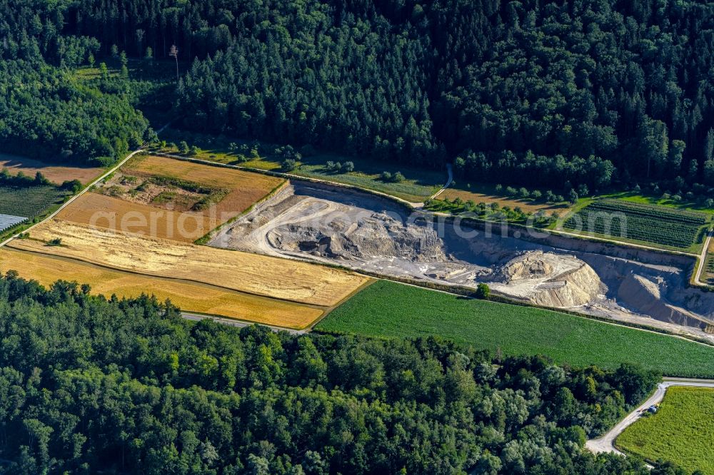 Orsingen-Nenzingen from above - Site and tailings area of the gravel mining Kiesgrube Stockach-Wahlwies in Orsingen-Nenzingen in the state Baden-Wuerttemberg, Germany