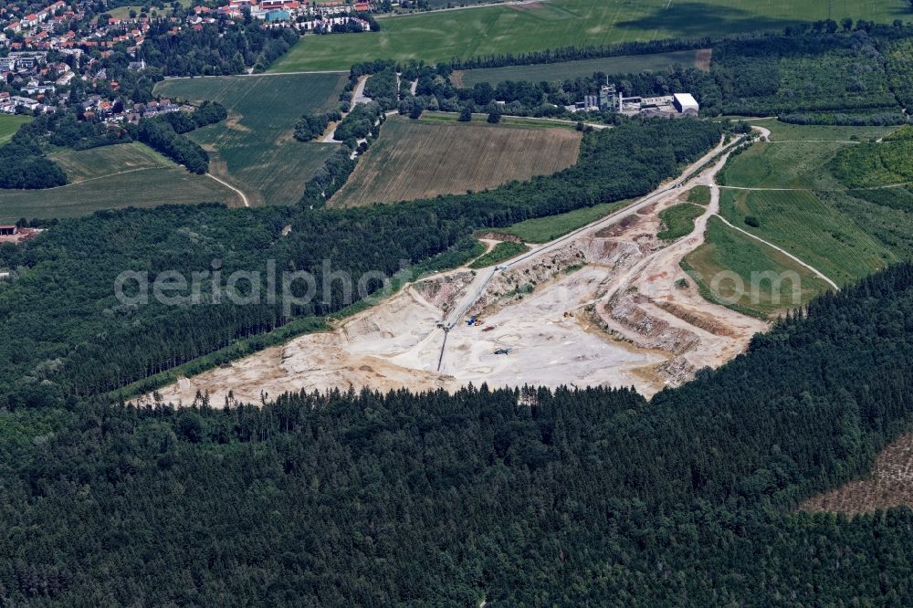 Planegg from above - Site and tailings area of the Glueck gravel mining in Planegg in the state Bavaria, Germany