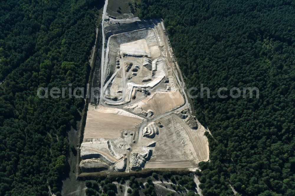 Schöneiche from the bird's eye view: Site and tailings area of the gravel mining in Schoeneiche in the state Brandenburg