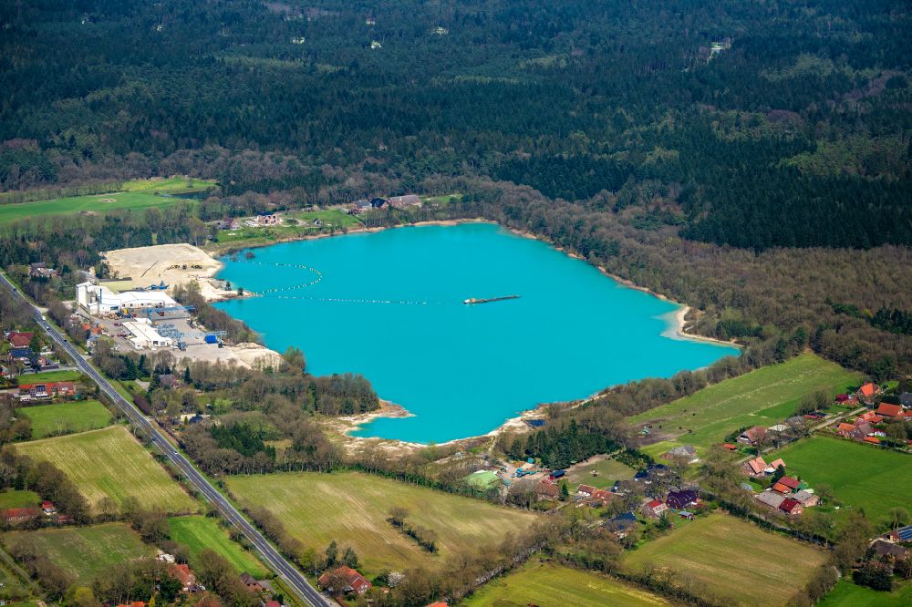 Aurich from above - Overburden areas of the quarry lake and gravel opencast mine in Aurich Tannenhausen in the state Lower Saxony, Germany