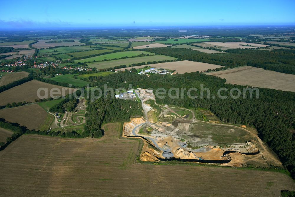 Vellahn from above - Site and tailings area of the gravel mining in Vellahn in the state Mecklenburg - Western Pomerania, Germany