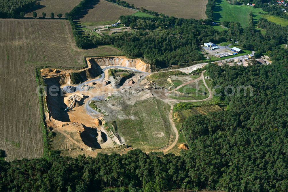 Aerial image Vellahn - Site and tailings area of the gravel mining in Vellahn in the state Mecklenburg - Western Pomerania, Germany