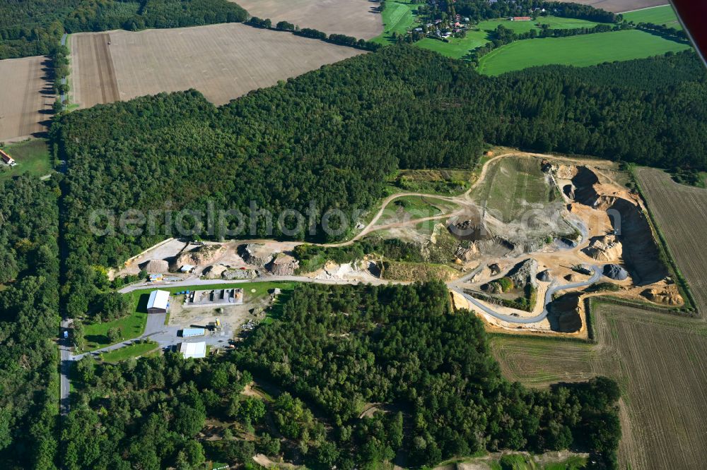 Aerial image Vellahn - Site and tailings area of the gravel mining in Vellahn in the state Mecklenburg - Western Pomerania, Germany