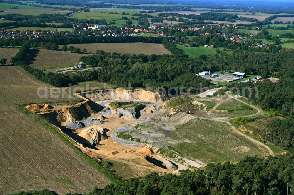 Vellahn from above - Site and tailings area of the gravel mining in Vellahn in the state Mecklenburg - Western Pomerania, Germany