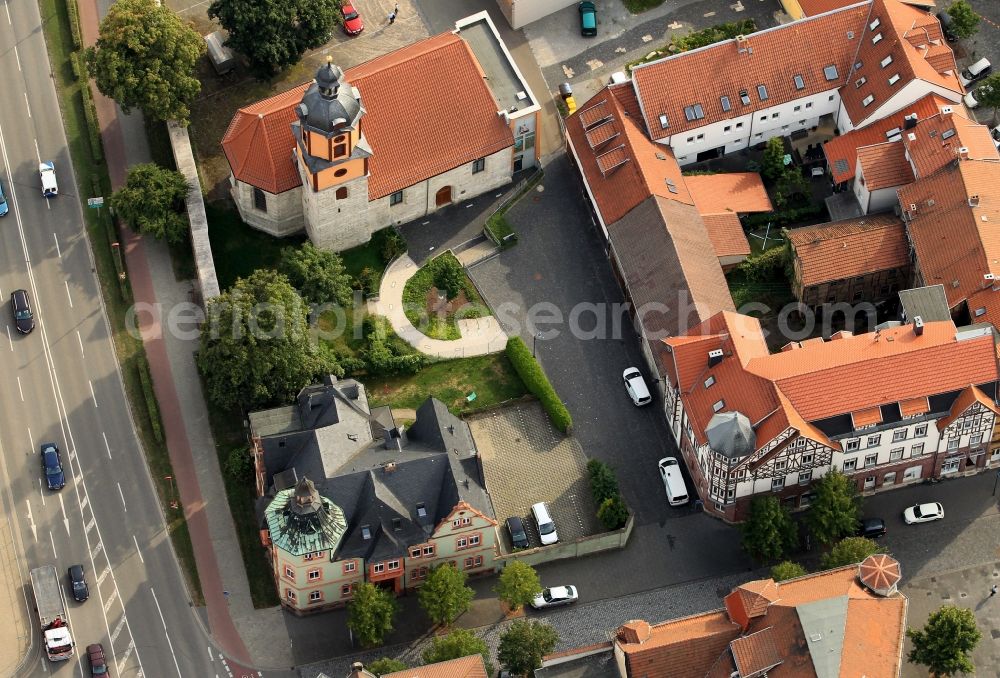 Mühlhausen from above - The former church Kilianikirche by the side of the road Kiliansgraben in Muehlhausen in Thuringia. Today it serves as a theater
