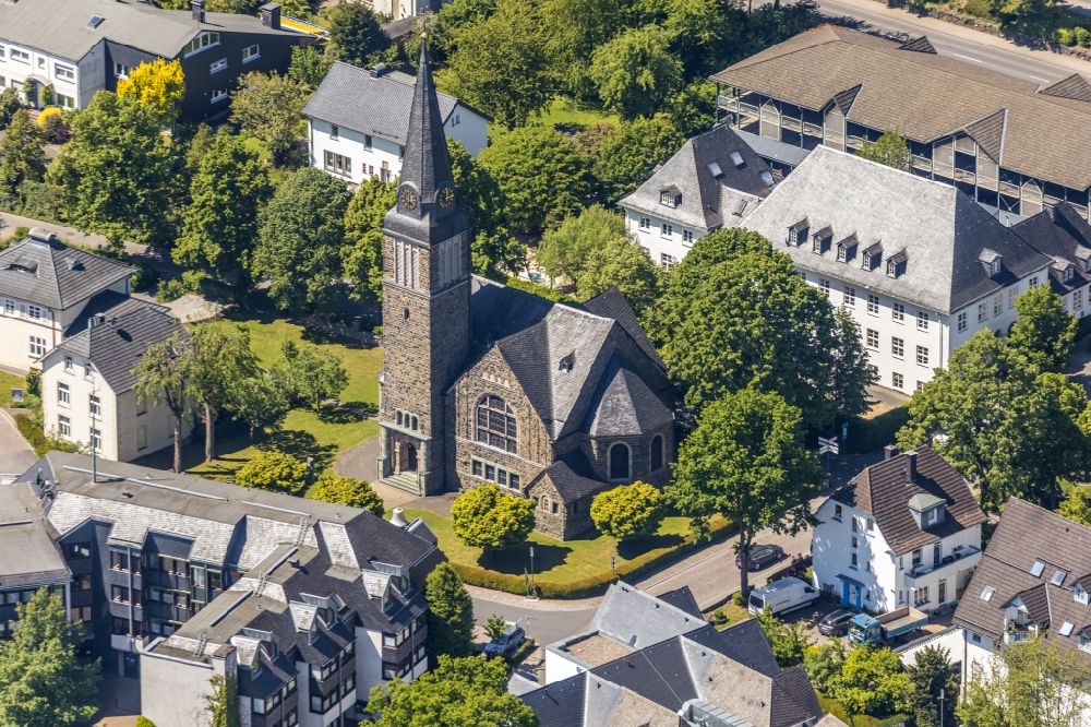 Aerial photograph Attendorn - Church building Church of the Redeemer at Seewerngraben in Attendorn in the state North Rhine-Westphalia, Germany