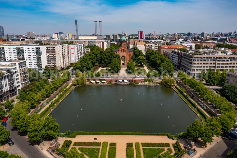 Berlin from above - Church building of the St. Michael Church at Michaelkirchplatz and park Engelbecken in the district Kreuzberg in Berlin, Germany