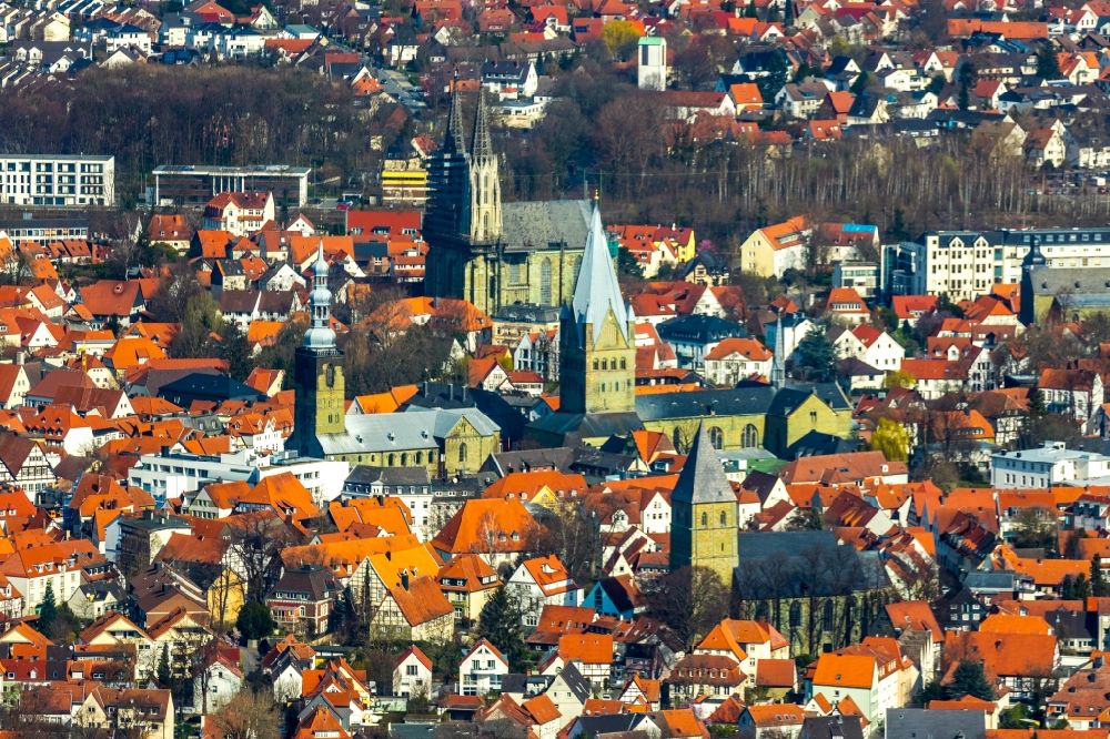 Soest from above - Churches and St. Patrokli Cathedral in the city center in Soest in the state North Rhine-Westphalia, Germany