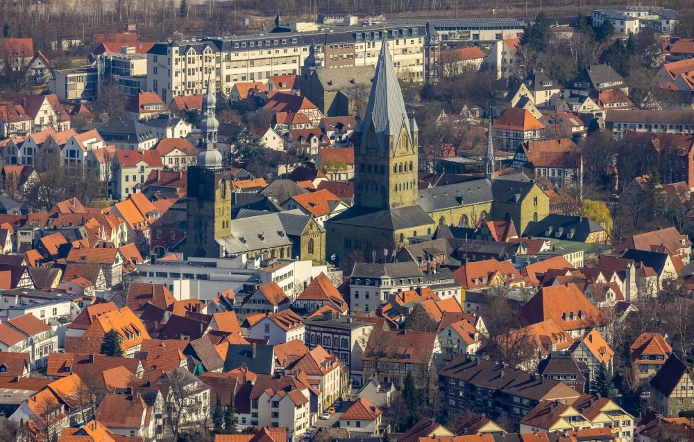 Soest from above - Churches and St. Patrokli Cathedral in the city center in Soest in the state North Rhine-Westphalia, Germany