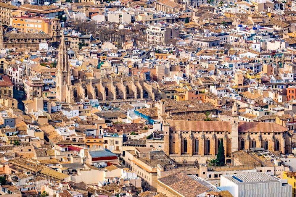 Aerial image Palma - Church building Iglesia de Santa Eulalia (left) and Convent de Sant Francesc in the old town - center of the city center in the district Center in Palma in Balearic island Mallorca, Spain