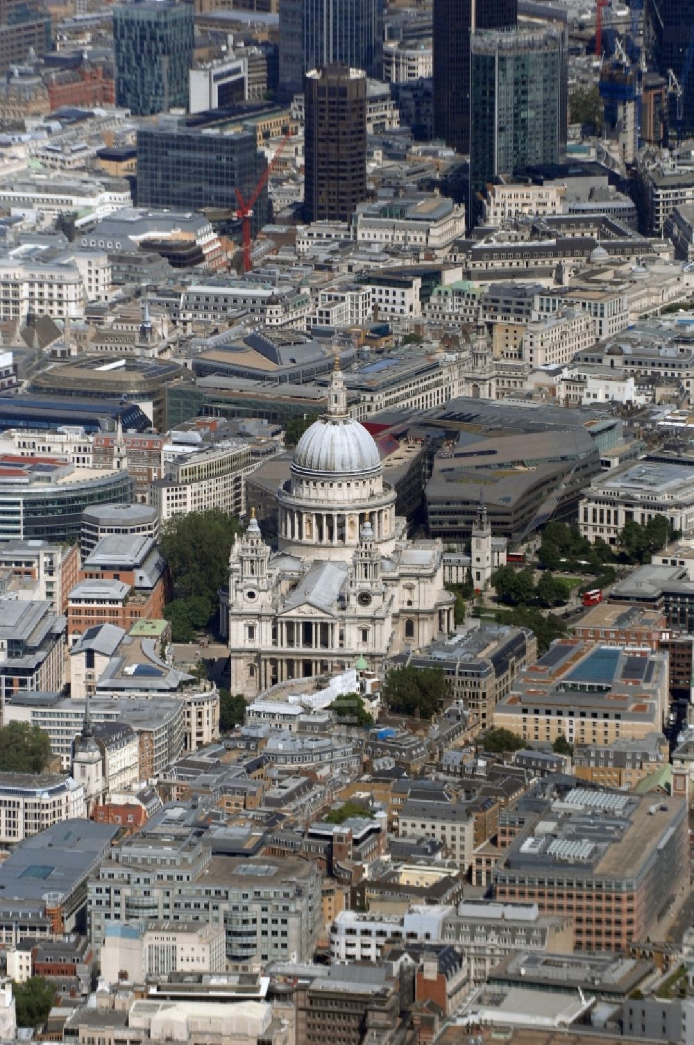 Aerial image London - View of the St Paul's Cathedral in the city borough of City of London. The world-famous church building is the headquarters of the London diocese of the Anglican Church. The St. Paul's Cathedral is one of the largest cathedrals in the world, it is also regarded as the most famous church in the British capital