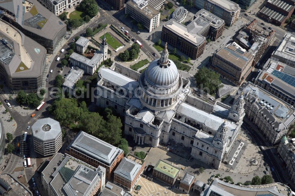 London from above - View of the St Paul's Cathedral in the city borough of City of London. The world-famous church building is the headquarters of the London diocese of the Anglican Church. The St. Paul's Cathedral is one of the largest cathedrals in the world, it is also regarded as the most famous church in the British capital