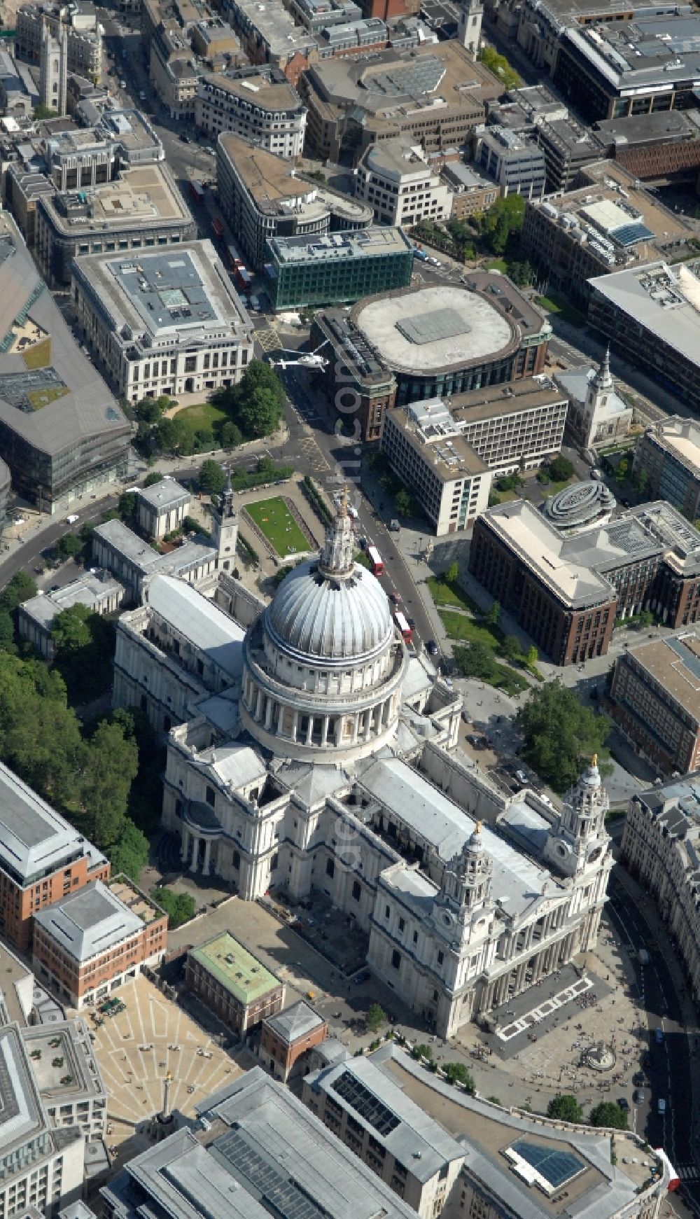 London from above - View of the St Paul's Cathedral in the city borough of City of London. The world-famous church building is the headquarters of the London diocese of the Anglican Church. The St. Paul's Cathedral is one of the largest cathedrals in the world, it is also regarded as the most famous church in the British capital