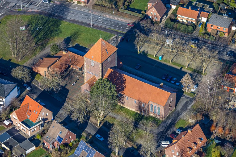 Aerial image Werne - Church building Maria Frieden on street Windmuehlenberg in Werne at Ruhrgebiet in the state North Rhine-Westphalia, Germany