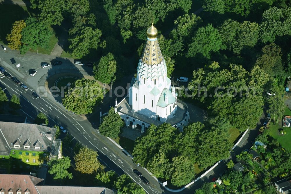 Leipzig from the bird's eye view: The St. Alexy Memorial Church to honor Russian is a Russian Orthodox Church in Leipzig. It serves to commemorate the 22,000 Soviet soldiers who fell during Battle of Nations of Leipzig in 1813