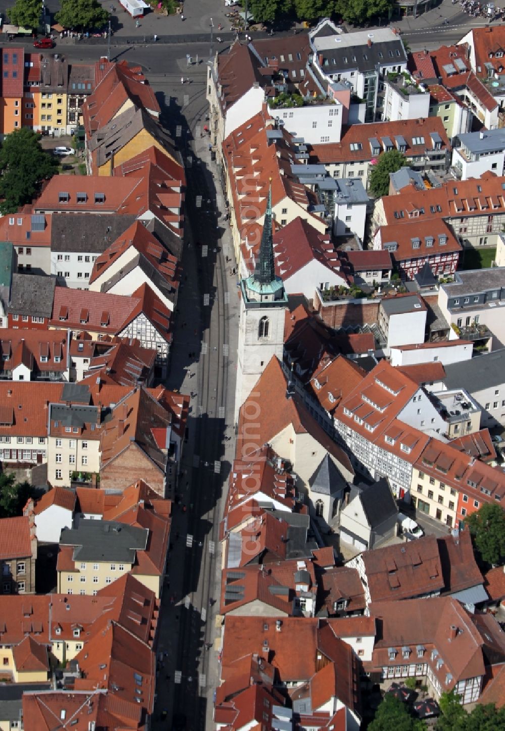 Aerial image Erfurt - Church building of Allerheiligenkirche on Marktstrasse in Erfurt in the state Thuringia, Germany