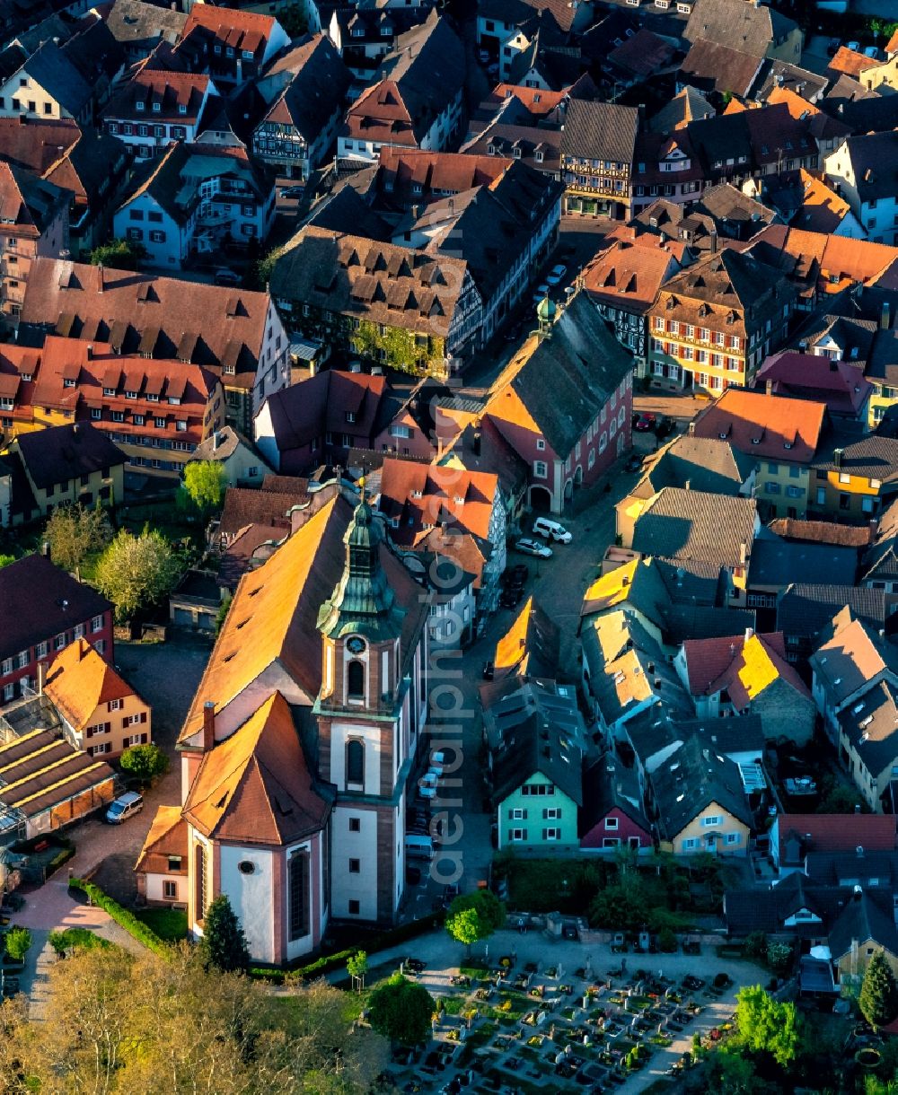 Aerial image Ettenheim - Church building in Old Town- center of downtown in Ettenheim in the state Baden-Wurttemberg, Germany