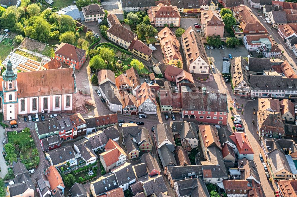 Ettenheim from the bird's eye view: Church building in Old Town- center of downtown in Ettenheim in the state Baden-Wurttemberg, Germany