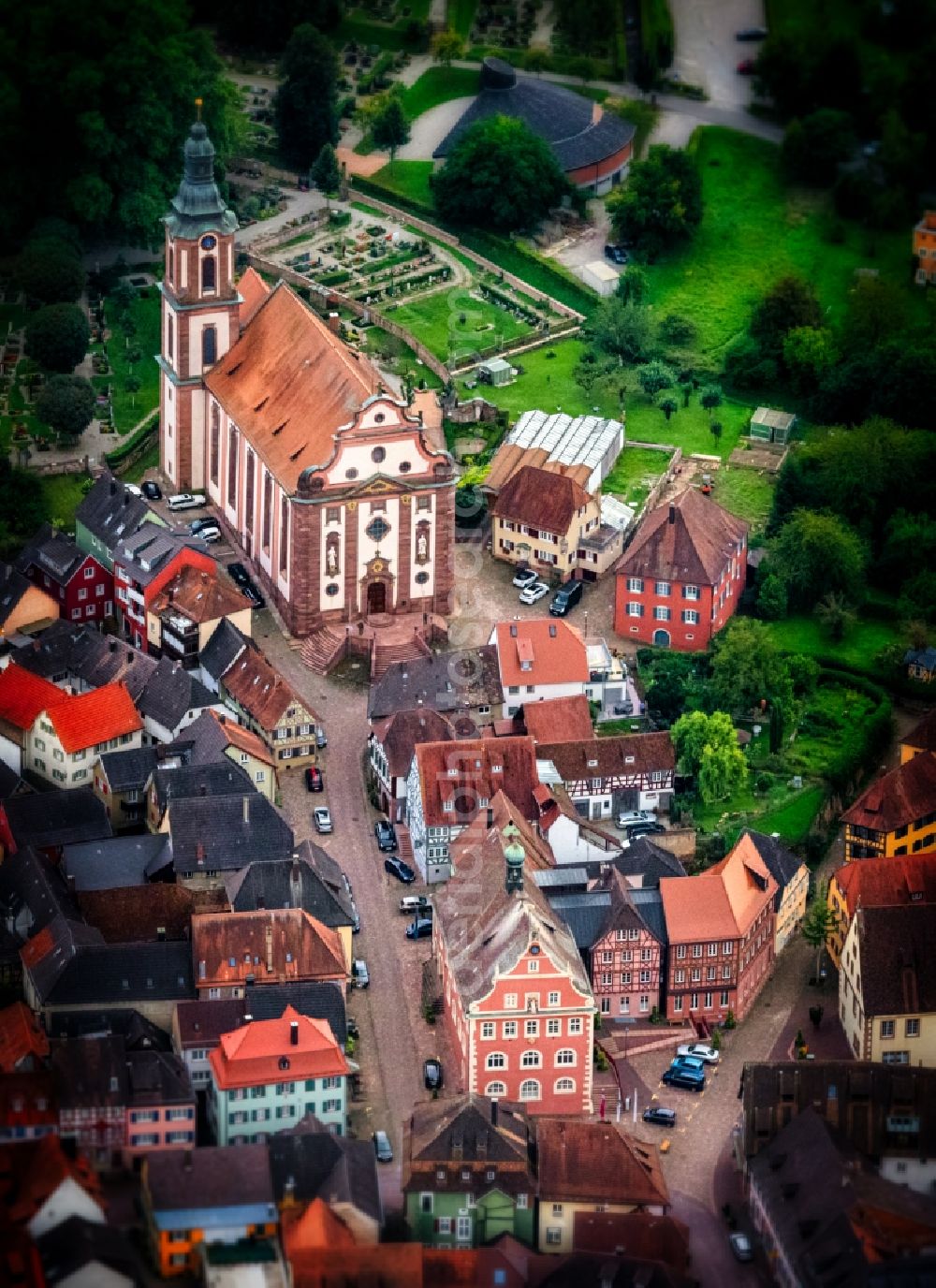 Ettenheim from above - Church building in Old Town- center of downtown in Ettenheim in the state Baden-Wurttemberg, Germany