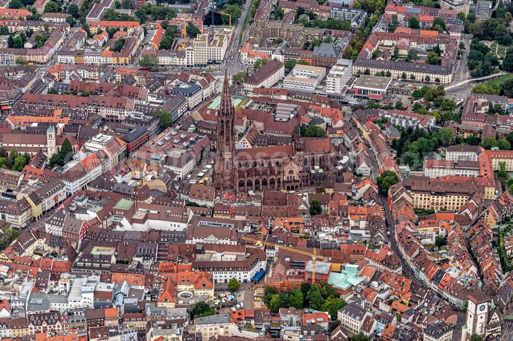 Freiburg im Breisgau from above - Church building in Old Town- center of downtown in Freiburg im Breisgau in the state Baden-Wurttemberg, Germany