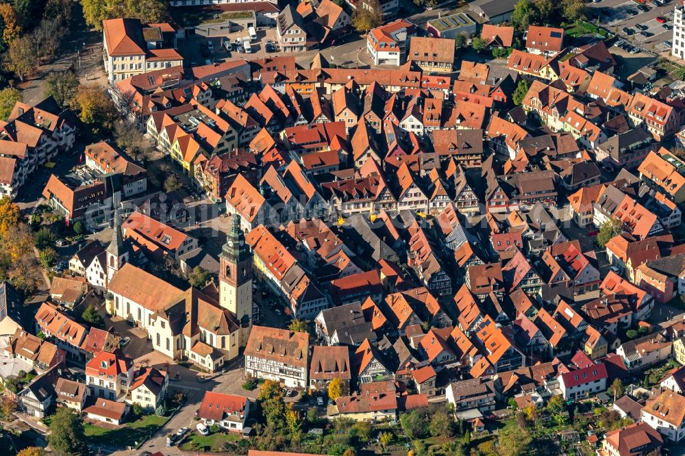 Aerial photograph Haslach im Kinzigtal - Church building in Old Town- center of downtown in Haslach im Kinzigtal in the state Baden-Wurttemberg, Germany