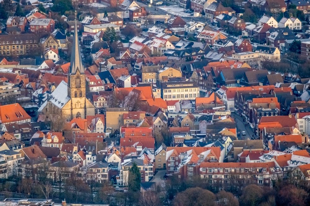 Werne from above - Church building in Old Town- center of downtown in Werne in the state North Rhine-Westphalia, Germany