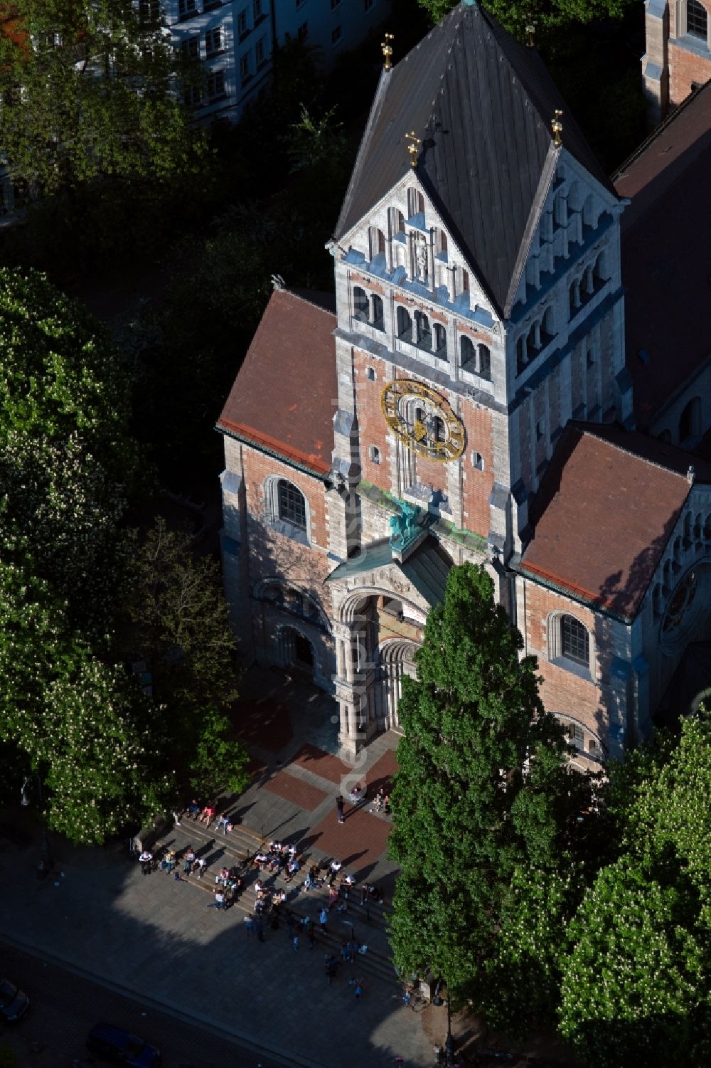 München from above - Church building St. Anna on St.-Anna-Strasse in the district Altstadt-Lehel in Munich in the state Bavaria, Germany