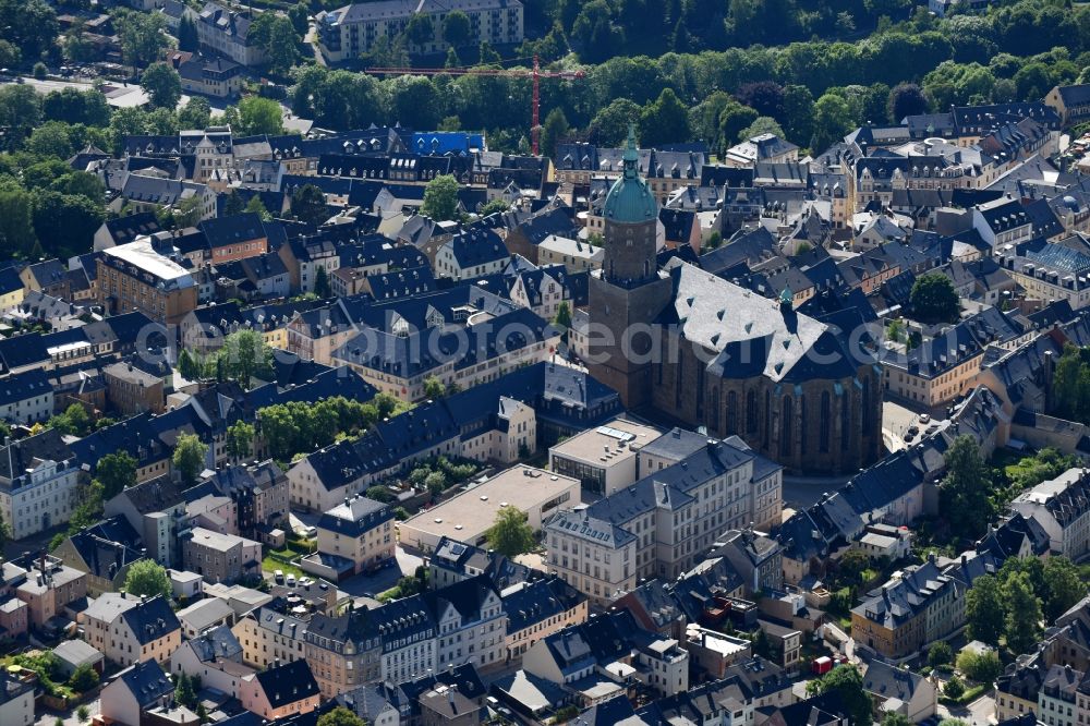 Annaberg-Buchholz from the bird's eye view: Church building in St. Annenkirche on Grosse Kirchgasse Old Town- center of downtown in the district Frohnau in Annaberg-Buchholz in the state Saxony, Germany
