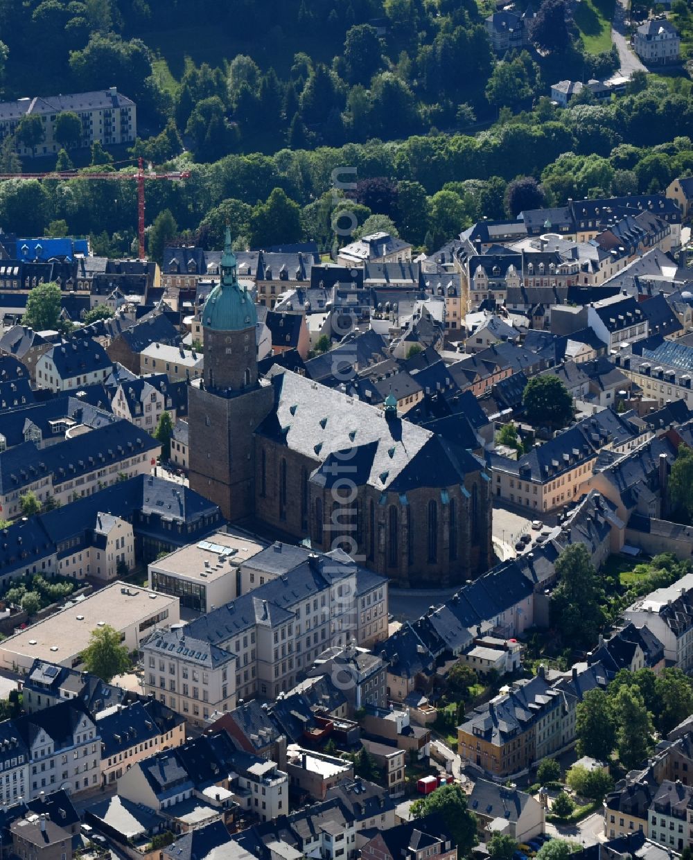 Aerial image Annaberg-Buchholz - Church building in St. Annenkirche on Grosse Kirchgasse Old Town- center of downtown in the district Frohnau in Annaberg-Buchholz in the state Saxony, Germany
