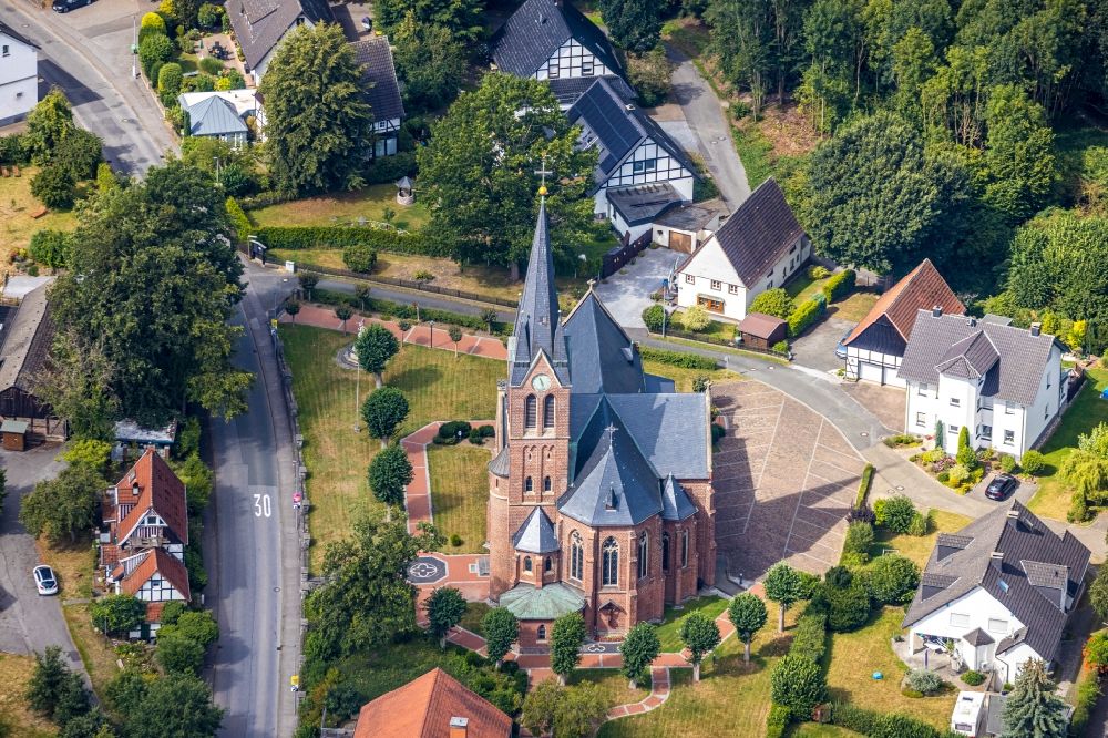 Aerial image Halingen - Church building St. Antonius Einsiedler on Halinger Dorfstrasse in Halingen in the state North Rhine-Westphalia, Germany