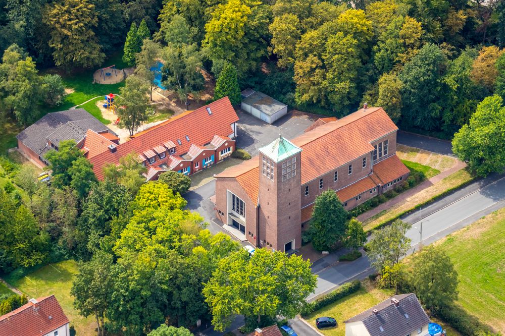 Bergkamen from above - Church building St.-Barbara-Kirche on street Am Roemerberg in the district Oberaden in Bergkamen at Ruhrgebiet in the state North Rhine-Westphalia, Germany